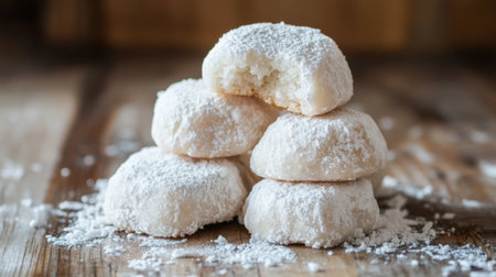 A delightful stack of snowy cookies dusted with powdered sugar, perfect for any occasion. Enjoy these soft treats alongside a warm beverage.の素材
