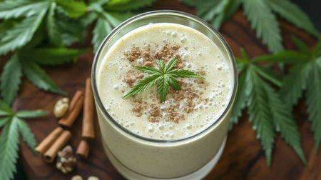 A creamy herbal smoothie garnished with green leaves and spices, perfect for a nutritious breakfast or snack. Enjoy the blend of fresh flavors!の素材