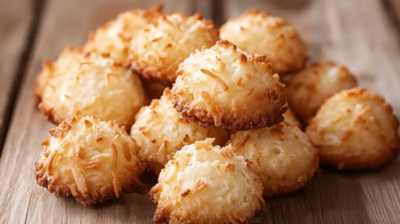 Delight in these golden coconut macaroons, showcasing a crunchy exterior and soft inside. Perfect for snacks, desserts, or festive occasions.の素材
