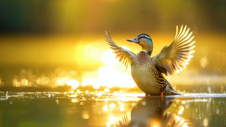A stunning duck gracefully spreads its wings over a shimmering lake at sunrise. The golden light creates a serene and tranquil scene in nature.の素材