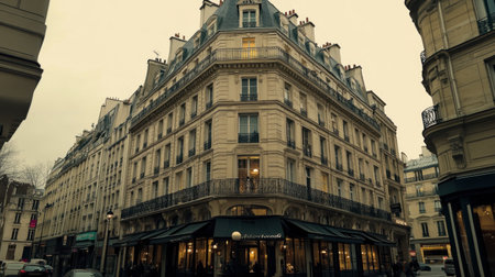 A stunning view of a classic Parisian building showcasing elegant architecture. The atmosphere captures the charm of urban life and historical beauty in Paris.の素材