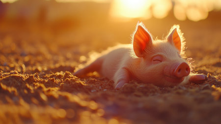 A charming piglet peacefully relaxes against a warm sunset backdrop, capturing the essence of tranquility and innocence in nature's beauty.の素材