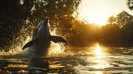 A stunning dolphin leaps joyfully above the shimmering water during a breathtaking sunset, showcasing the beauty of wildlife and nature's tranquility.の素材