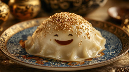 A delightful dumpling with a smiling face and sesame seeds on a beautifully decorated plate. Perfect for food lovers and culinary creations.の素材