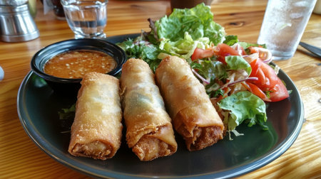 Delight in crispy spring rolls served with a fresh salad and dipping sauce. Perfect for any meal, these appetizers offer a crunchy and tasty experience.の素材