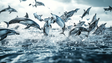 A lively scene of dolphins leaping and splashing in the ocean, showcasing their playful nature in a beautiful aquatic environment. Perfect for nature enthusiasts.の素材