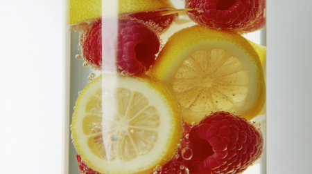 A clear glass showcases a refreshing drink with sliced lemons and ripe raspberries. Bubbles rise, highlighting a vibrant, healthy beverage perfect for summer enjoyment.の素材