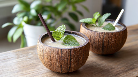 Refreshing tropical smoothies served in coconut bowls, garnished with fresh mint, perfect for summer gatherings or healthy snacking. Enjoy the creamy texture!の素材