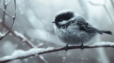A cozy small bird perched on a branch, surrounded by snow and a serene winter landscape. The fluffy feathers and tranquil setting evoke a peaceful natural scene.の素材