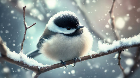A delightful bird sits on a snowy branch, surrounded by softly falling snowflakes. This serene winter scene captures the beauty and tranquility of nature.の素材