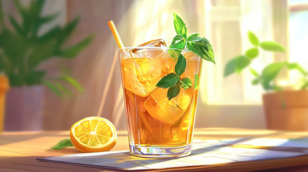 A refreshing iced tea with lemon and mint served in a tall glass, illuminated by warm sunlight, ideal for summer moments and relaxation at home.の素材