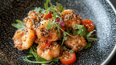 This vibrant dish features fried shrimp garnished with fresh tomatoes and herbs, making it a perfect appetizer for any gourmet meal or dining experience.の素材
