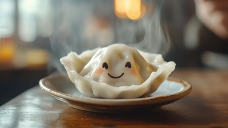 A delightful dumpling with a smiling face sits on a plate, steam rising around it, capturing the essence of comfort food and joy in dining.の素材