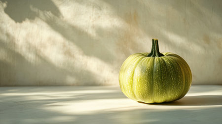 A vibrant green pumpkin sits gracefully on a minimalist surface, illuminated by soft shadows. This image captures the essence of autumn's harvest.の素材
