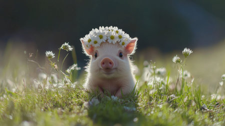 A charming piglet adorned with a delicate flower crown relaxes in a sunlit field. This heartwarming image captures the essence of nature and joy.の素材