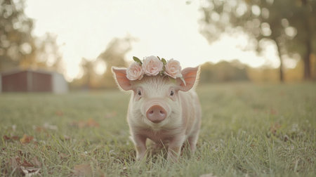 A charming pig adorned with a flower crown stands gracefully in a grassy field. The image captures the beauty of nature in a serene outdoor setting.の素材