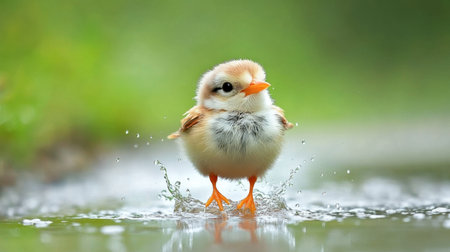 A charming chick joyfully splashes in a puddle, showcasing its fluffy feathers and vibrant colors. This moment captures the essence of playful nature.の素材