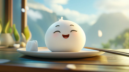 A cheerful dumpling character sits on a plate with chopsticks, surrounded by a scenic backdrop. Its happy expression adds warmth and charm.の素材