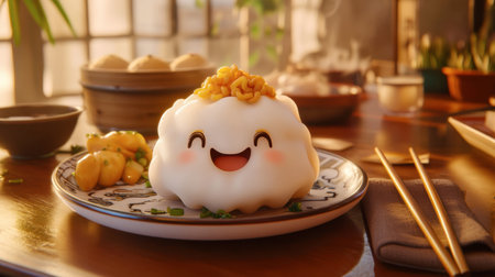 A cheerful dumpling with a smiling face sits on a wooden table, surrounded by side dishes. The warm atmosphere invites a delightful dining experience.の素材