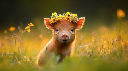 A charming piglet adorned with a floral crown sits in a sunlit meadow, radiating innocence and joy. This enchanting scene captures the beauty of nature.の素材