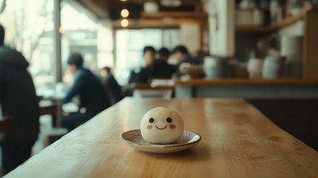A delightful dessert with a smiling face sits on a plate in a cozy cafe. The warm atmosphere and surrounding patrons create an inviting scene.の素材