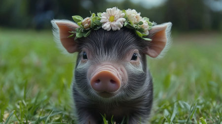 This charming piglet adorned with a floral crown stands in a vibrant green field, exuding cuteness and playfulness, perfect for nature and animal themes.の素材