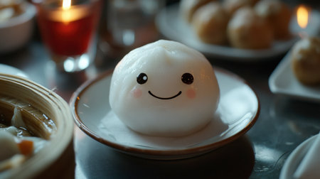 A charming dim sum character with a smile sits on a plate, surrounded by warm candlelight. This delightful food photograph captures the joy of Asian cuisine, perfect for menus or food blogs.の素材