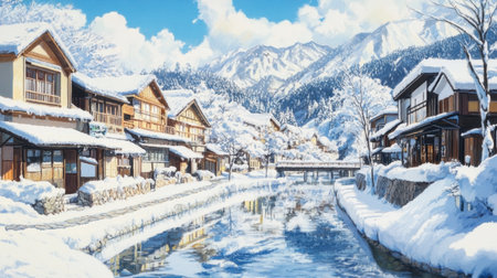 A picturesque winter village nestled in the snowy mountains, with traditional architecture lining a serene river. Ideal for winter travel themes.の素材