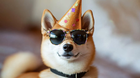 A cheerful dog wearing a colorful party hat and stylish sunglasses, perfectly capturing the joy and fun of celebrations. Ideal for festive themes.の素材