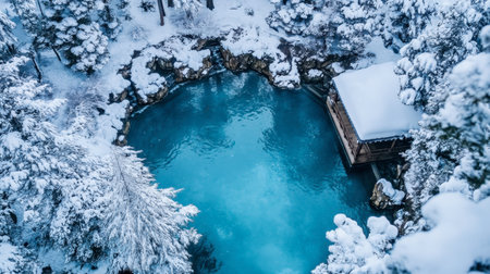 A tranquil winter scene featuring a snow-covered hot spring surrounded by lush trees, offering a serene escape perfect for relaxation and rejuvenation.の素材