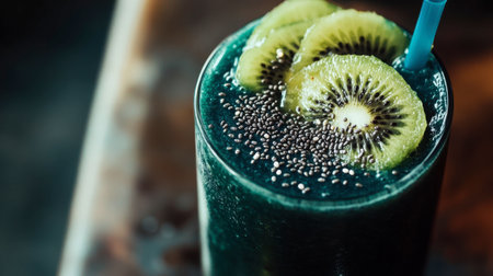 A vibrant kiwi smoothie topped with chia seeds and fresh slices. Perfect for a healthy snack or refreshing drink, ideal for summer enjoyment.の素材