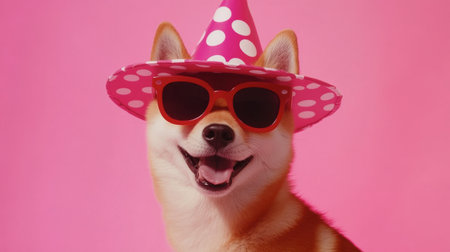 This cheerful dog wearing a pink polka dot hat and sunglasses exudes joy and playfulness, perfect for capturing fun moments and celebrations.の素材