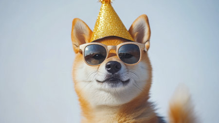 A cheerful dog wearing a shiny party hat and stylish sunglasses, perfect for capturing moments of joy and celebration during outdoor events.の素材