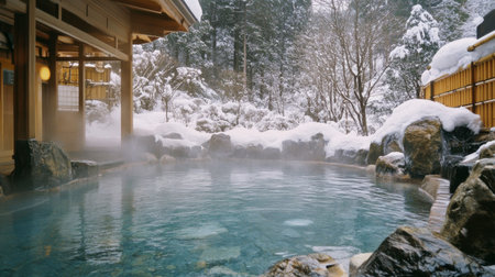 A tranquil outdoor hot spring surrounded by snow-covered trees, providing a serene escape for relaxation and wellness amidst a beautiful winter landscape.の素材