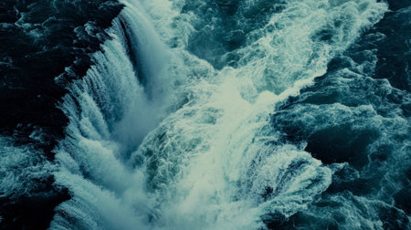 A stunning aerial view of a powerful waterfall cascading over rocks, showcasing the raw beauty of nature. The scene captures the mesmerizing flow and energy of water in motion.の素材