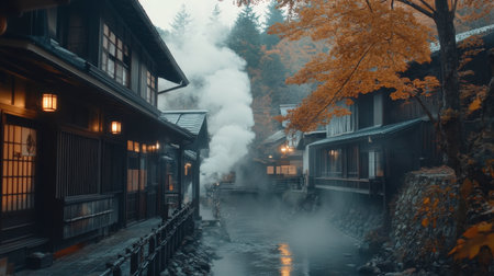 A tranquil autumn scene showcasing a mountain village with steam rising from a river. Captivating architecture and colorful foliage create a peaceful atmosphere.の素材