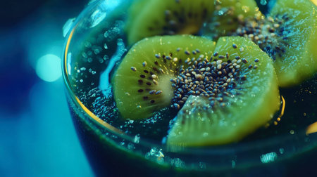 A refreshing kiwi drink in a glass with vibrant bubbles and fresh slices. Perfect for summer parties or as a cool, healthy beverage option.の素材