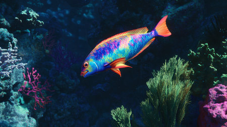 Discover a stunning underwater scene featuring a vibrant fish swimming gracefully among colorful corals, showcasing the beauty of marine life and ecosystems.の素材