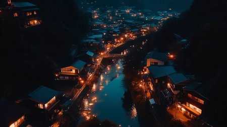 A serene night view of a river town illuminated by warm lights, capturing the peaceful atmosphere. The reflection on the water enhances the beauty of this tranquil landscape.の素材