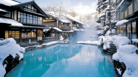 A serene outdoor hot spring surrounded by snow-covered scenery, offering a tranquil escape into nature. Perfect for relaxation and rejuvenation.の素材
