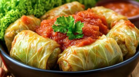 Indulge in flavorful cabbage rolls topped with rich tomato sauce. Perfectly wrapped and garnished, they offer a delightful taste of home cooking.の素材