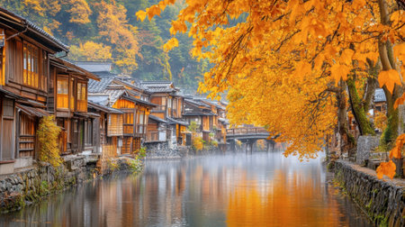 A tranquil autumn landscape featuring charming wooden buildings along a calm river, surrounded by vibrant orange foliage and a light morning fog.の素材