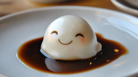A delightful dessert featuring a smiling face, sitting on a plate drizzled with soy sauce. Perfect for food photography, showcasing creativity and joy.の素材