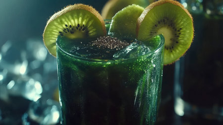 A vibrant green cocktail garnished with fresh kiwi and lime slices, served in a glass with ice. Perfect for summer parties and celebrations.の素材