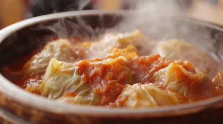 A delicious serving of steaming cabbage rolls nestled in savory tomato sauce, showcasing vibrant colors and comforting aroma, perfect for any meal.の素材