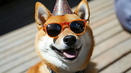 A joyful Shiba Inu dog wearing sunglasses and a party hat, radiating happiness. This playful scene captures the essence of celebration and fun in an outdoor setting. Perfect for pet lovers and festive occasions.の素材