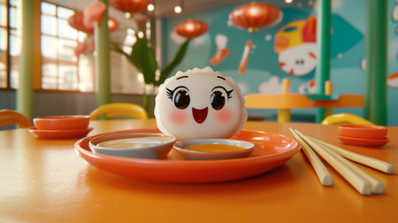 A playful cartoon dumpling character sits on a bright orange table with two sauce dishes. The colorful setting offers a vibrant atmosphere perfect for dining.の素材