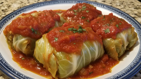 Enjoy these savory cabbage rolls filled with meat and rice, topped with a rich tomato sauce and fresh parsley. Perfect for a comforting meal.の素材