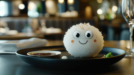 A delightful food character sits on a stylish plate, bringing charm and a smile to the dining experience in a contemporary restaurant setting.の素材