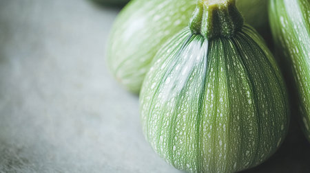 Close-up of fresh green squash with distinct stripes on a rustic surface, showcasing its vibrant color and smooth texture, ideal for culinary use.の素材